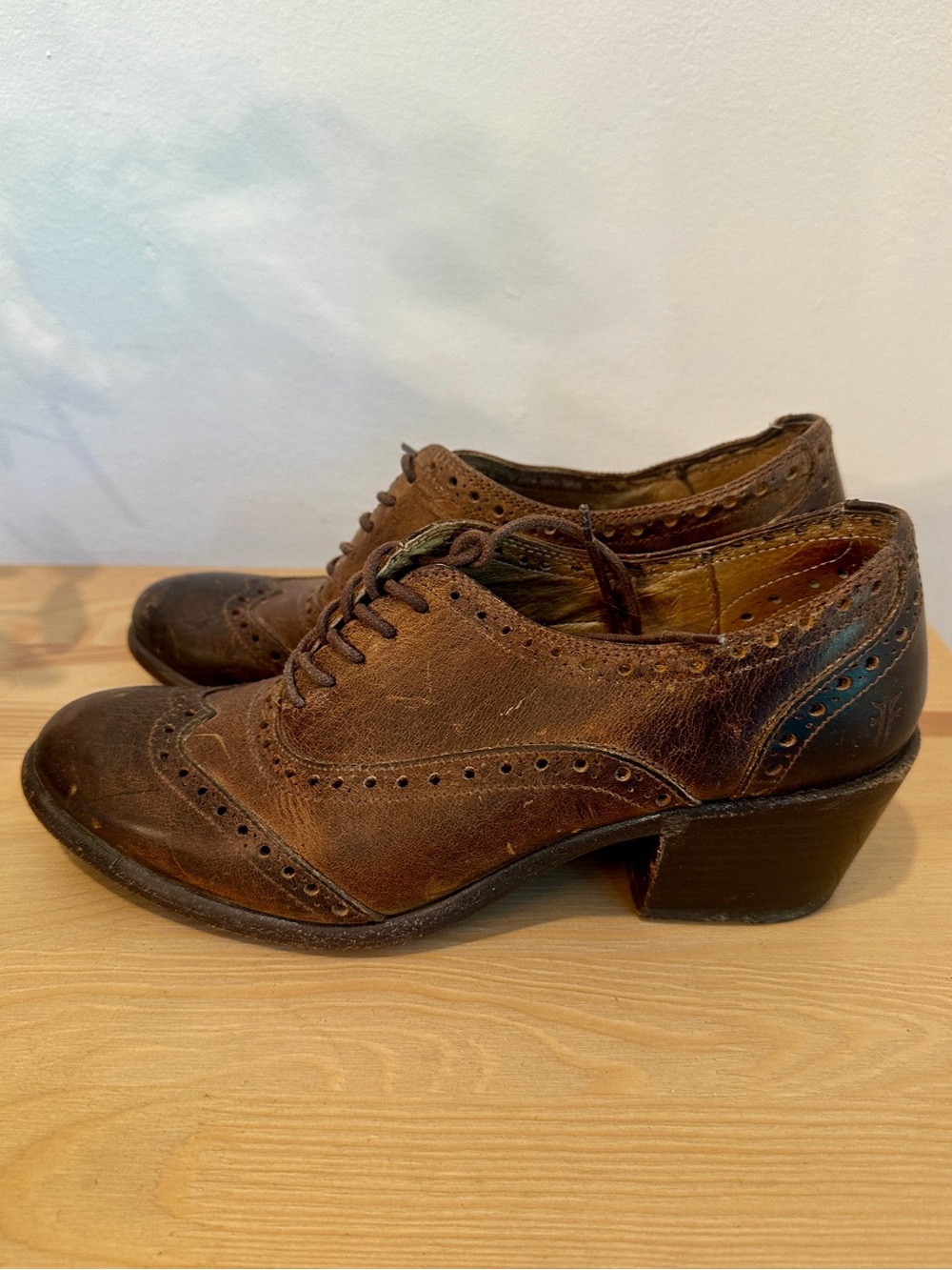 Frye Brown Leather Wingtip Lace-Up Heels